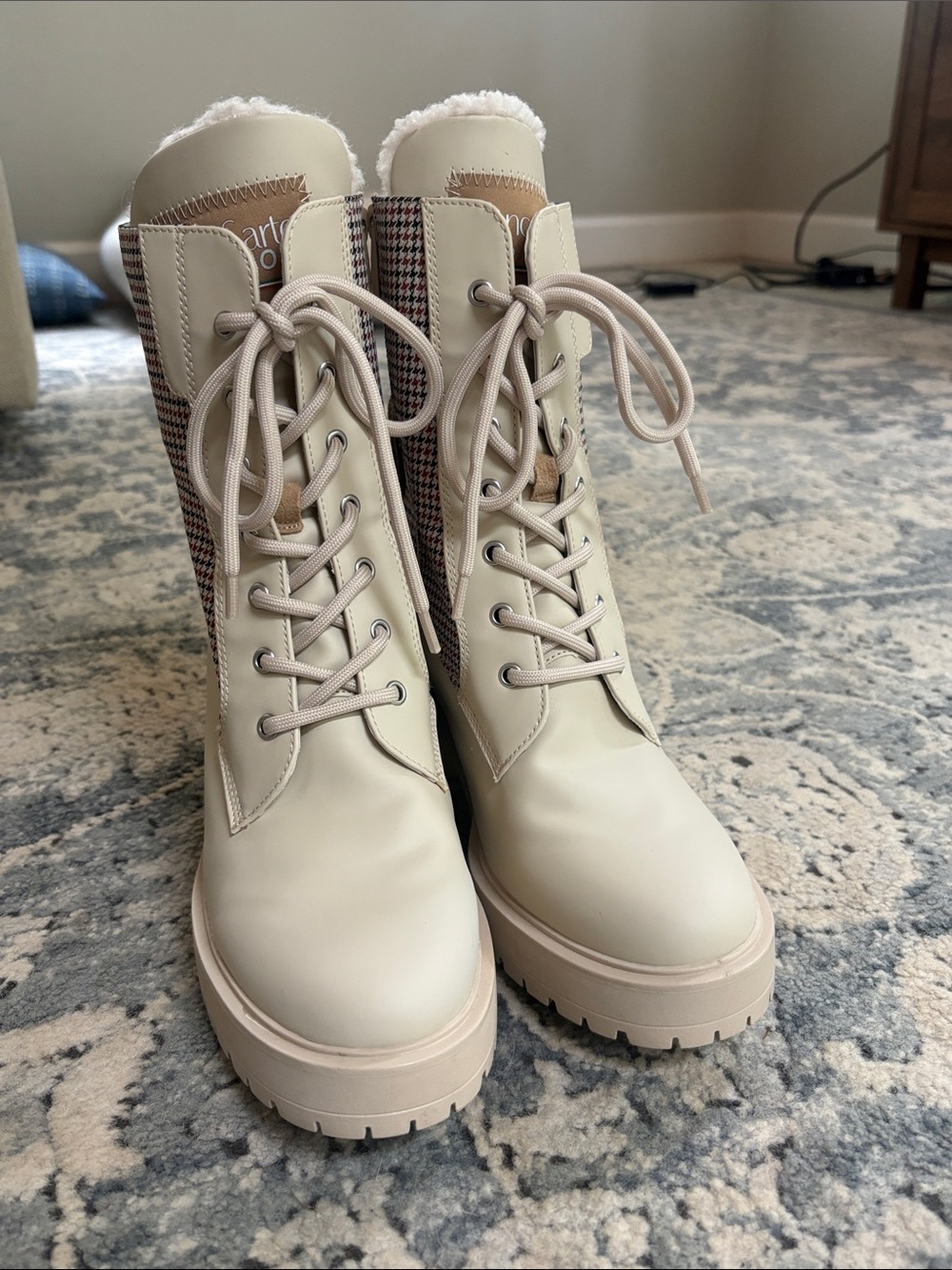 Franco Sarto Cream Lace-Up Ankle Boots with Plaid Panels